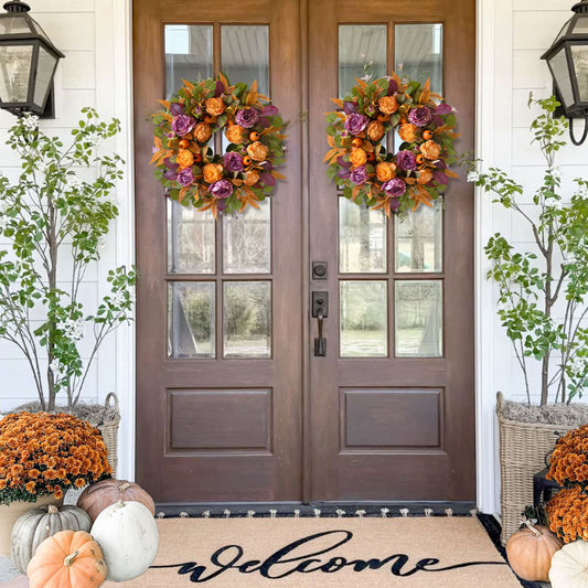 24" Fall Wreath with Purple Peonies, Maple Leaves & Berries