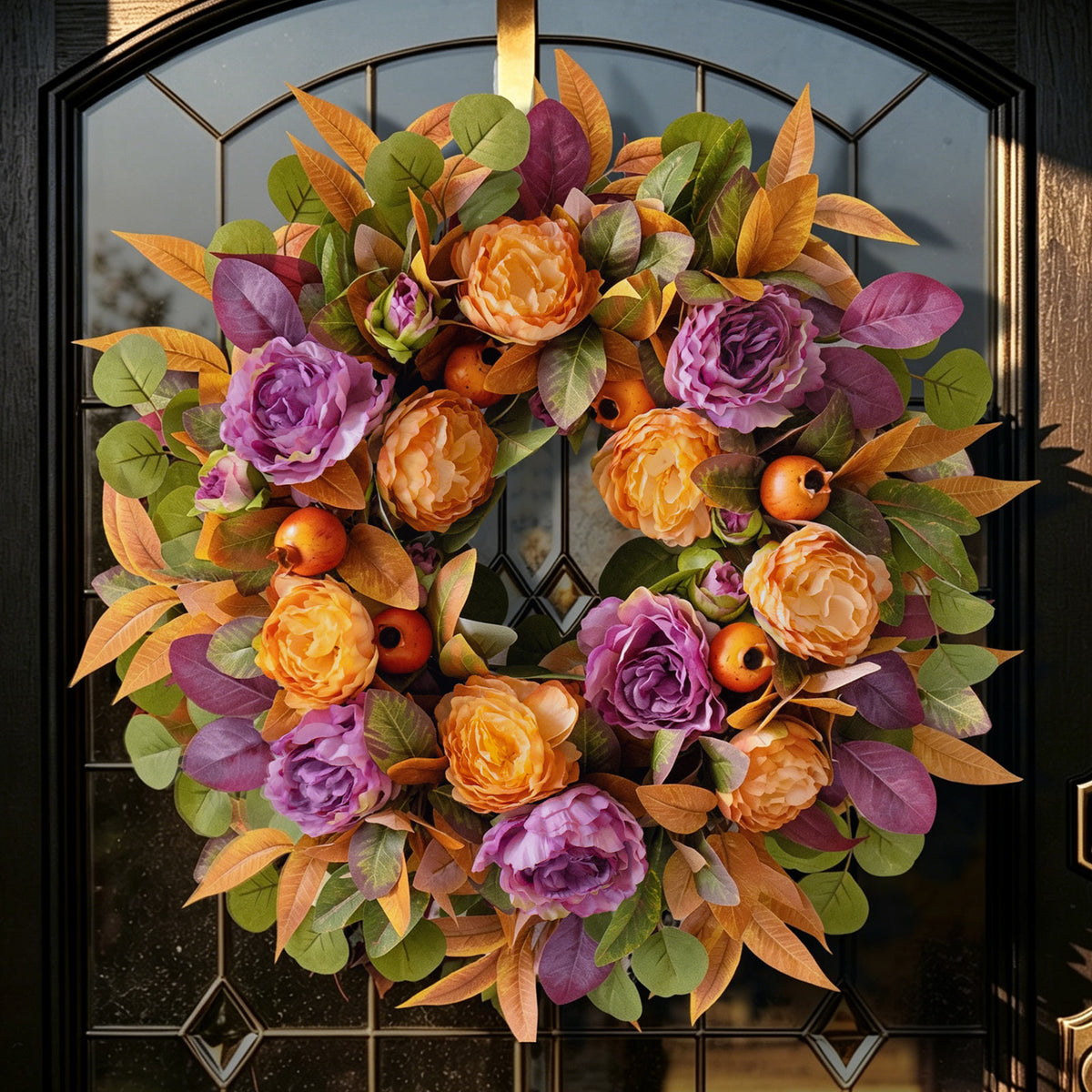 24" Fall Wreath with Purple Peonies, Maple Leaves & Berries