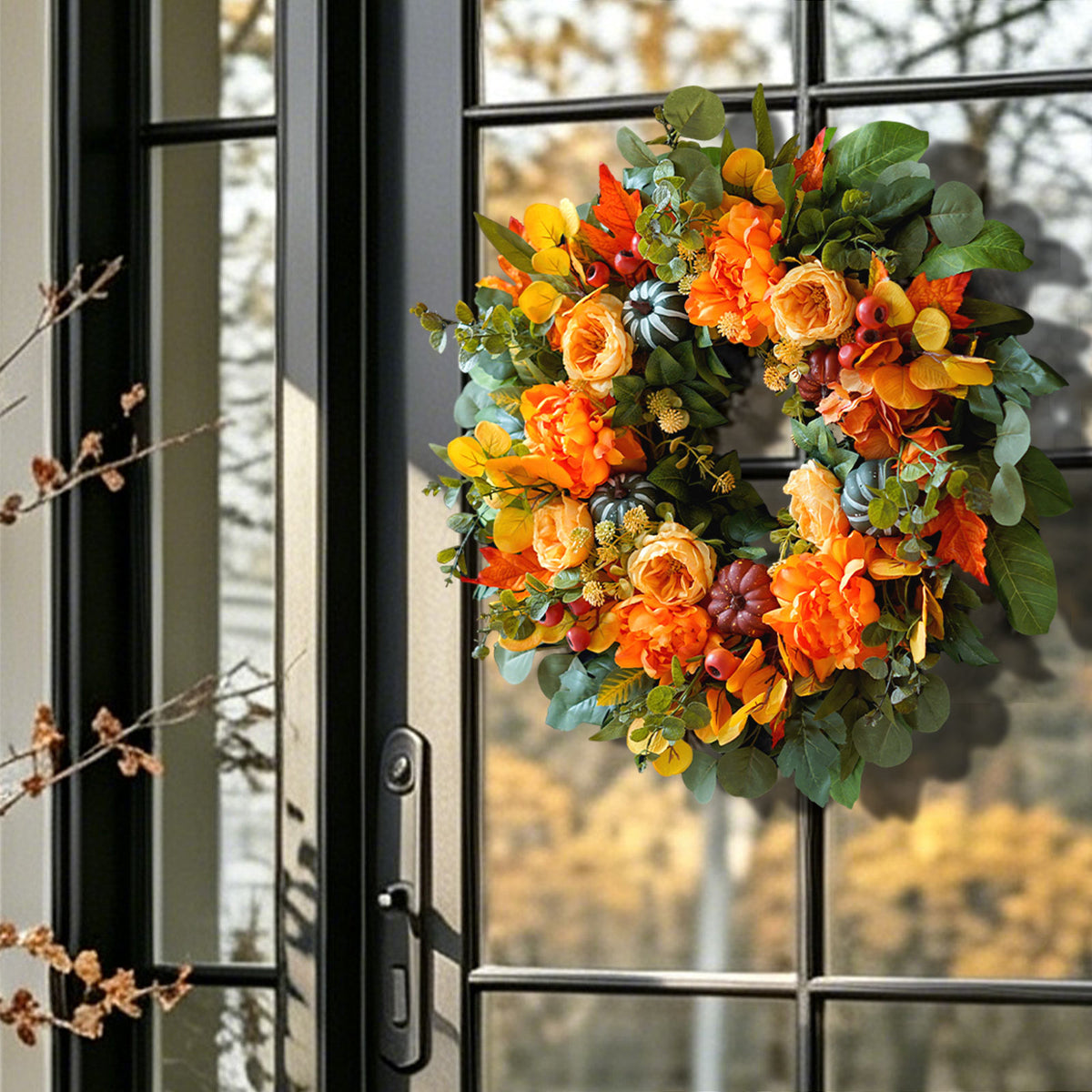 24" Fall Wreath with Peonies, Dahlias, Pumpkins & Maple Leaves