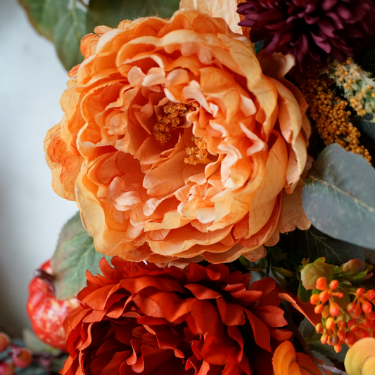 24" Fall Wreath with Peonies, Dahlias, White Pumpkins & Maple Leaves