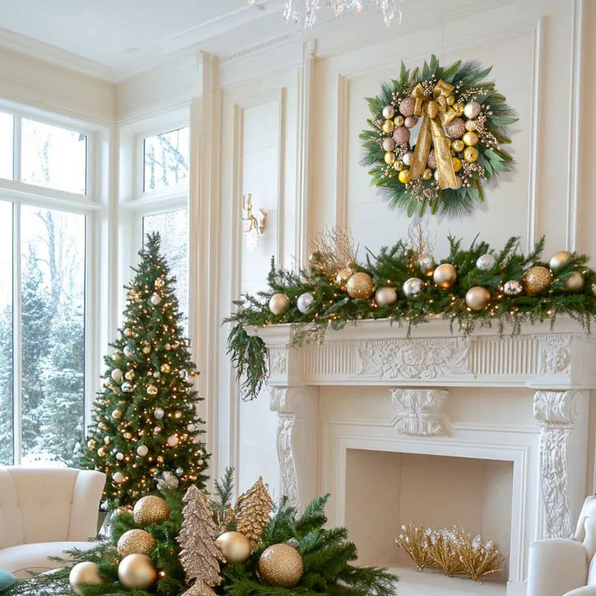 24" Lit Christmas Wreath with Gold Ornaments & Bow