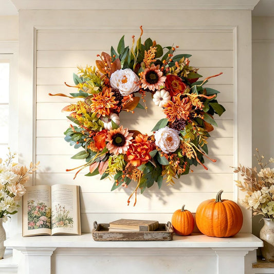 24" Fall Wreath with Sunflowers, Peonies, Pumpkins & Pinecones