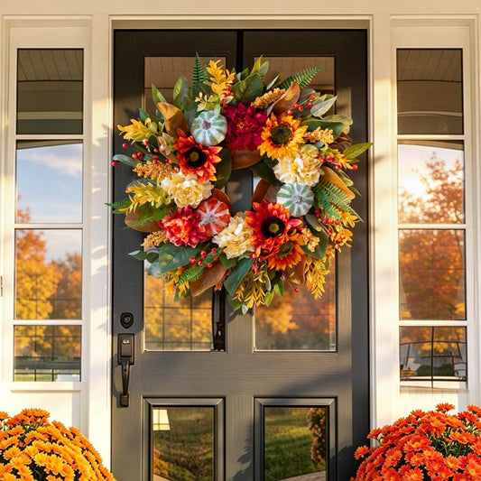 24" Fall Wreath with Peonies, Sunflowers & Pumpkins