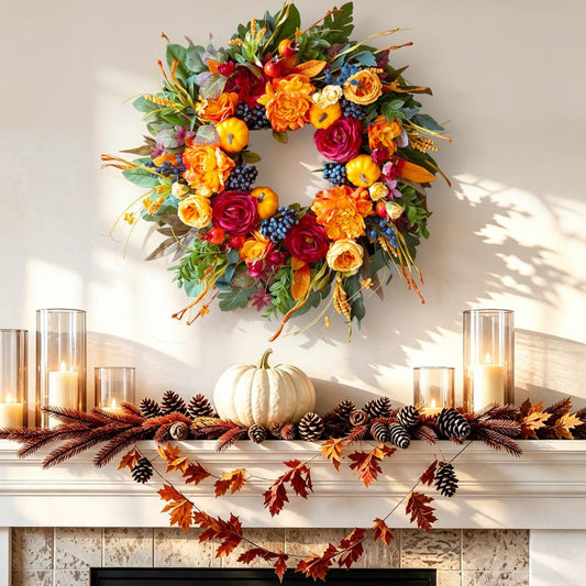 24" Fall Wreath with Pumpkins, Roses, Peonies, Berries & Ferns