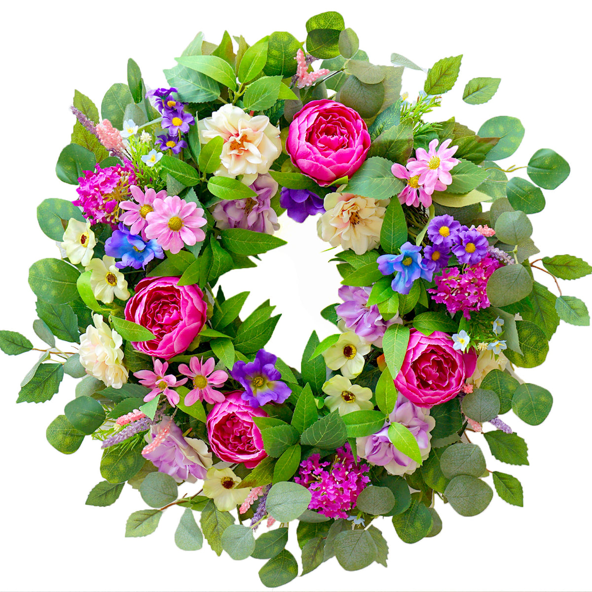24-inch spring wreath with pink peonies, roses, hydrangeas and greenery