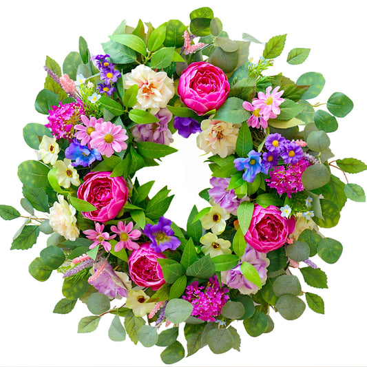 24-inch spring wreath with pink peonies, roses, hydrangeas and greenery