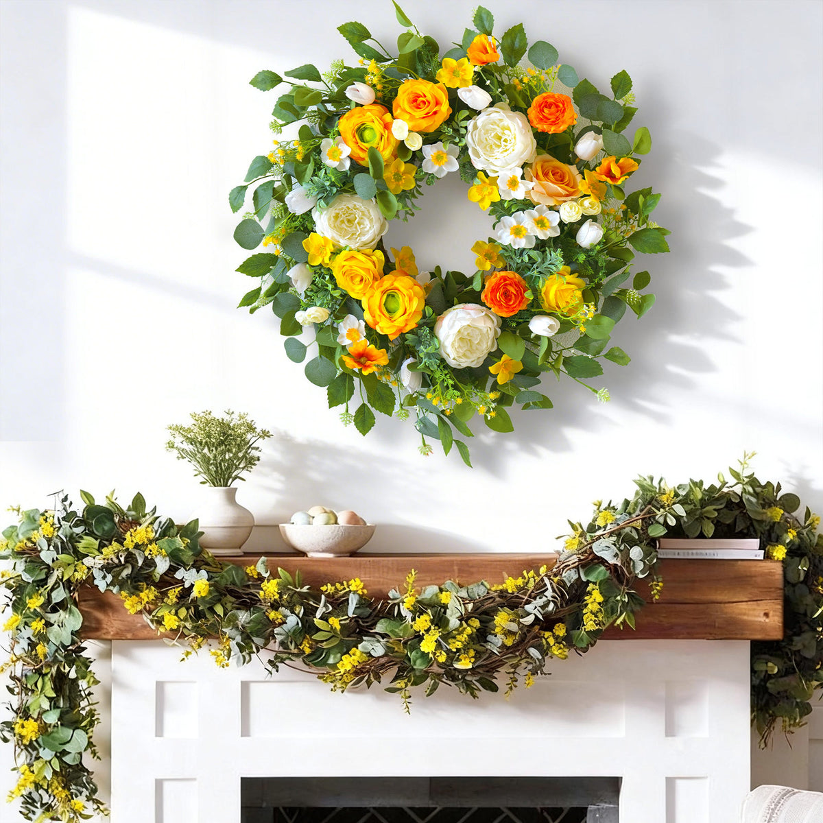 24" Yellow Peony, Rose & Daffodil Spring Wreath