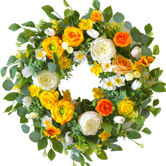 24-inch spring wreath with yellow peonies, roses and daffodils