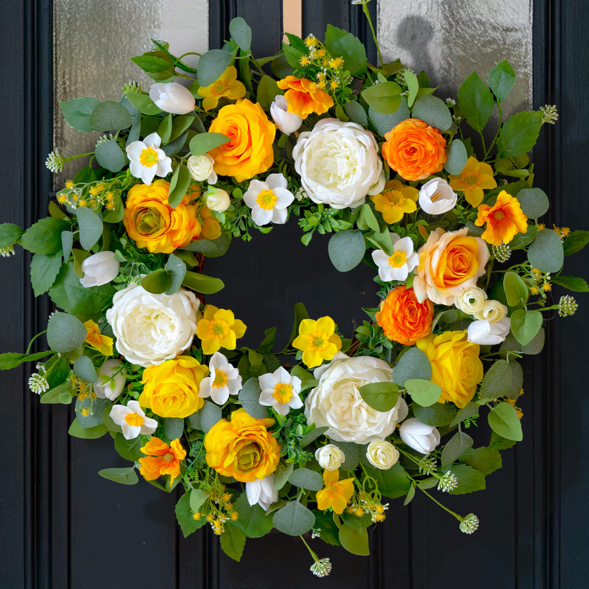 24" Yellow Peony, Rose & Daffodil Spring Wreath