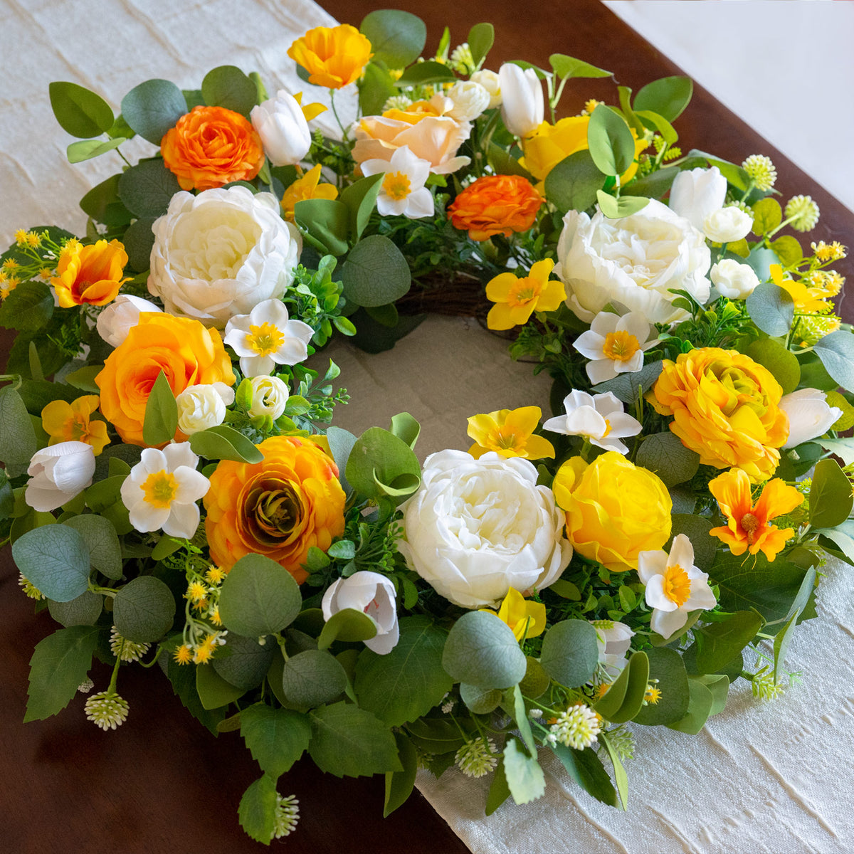 24" Yellow Peony, Rose & Daffodil Spring Wreath