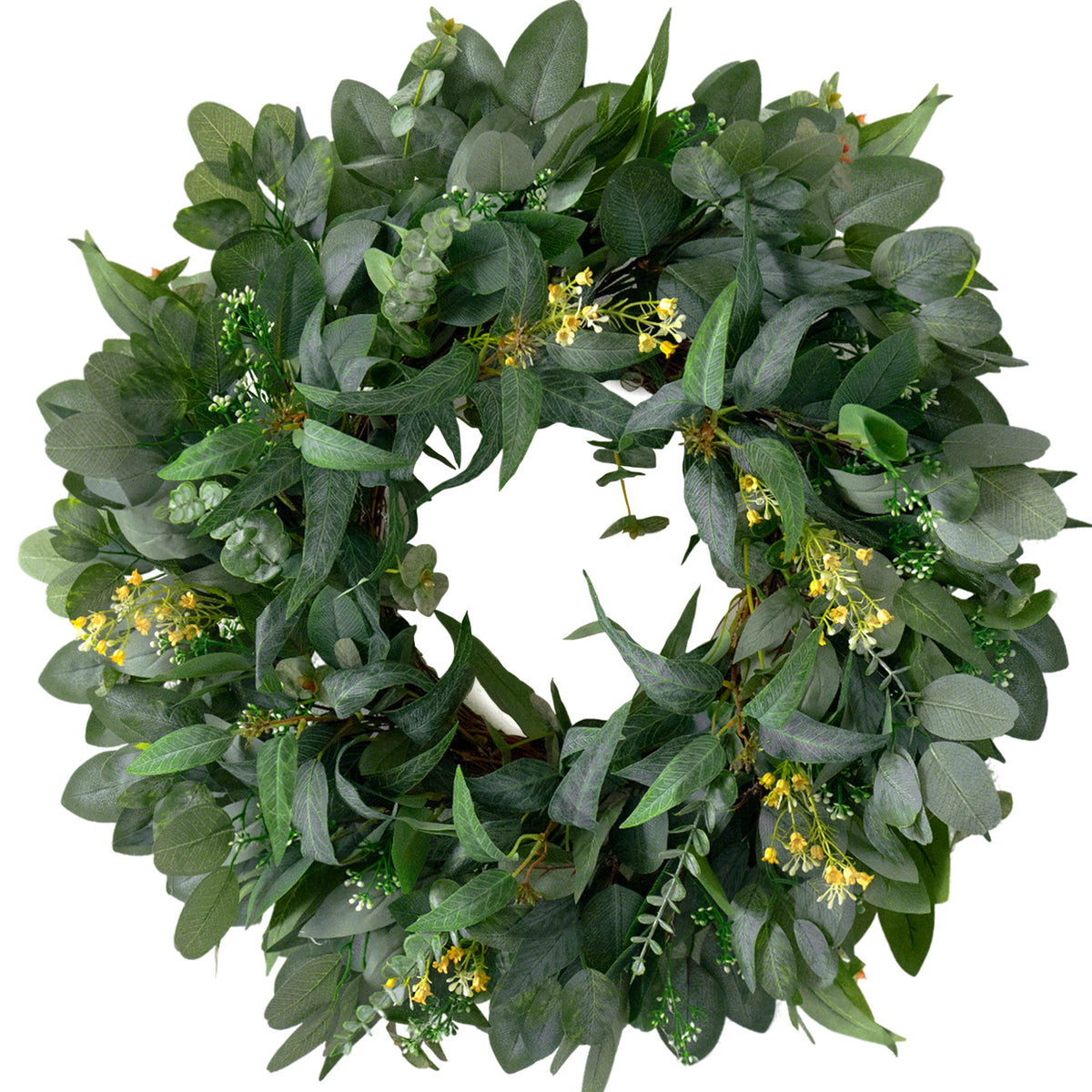 24-inch eucalyptus-style greenery wreath with small yellow blossoms
