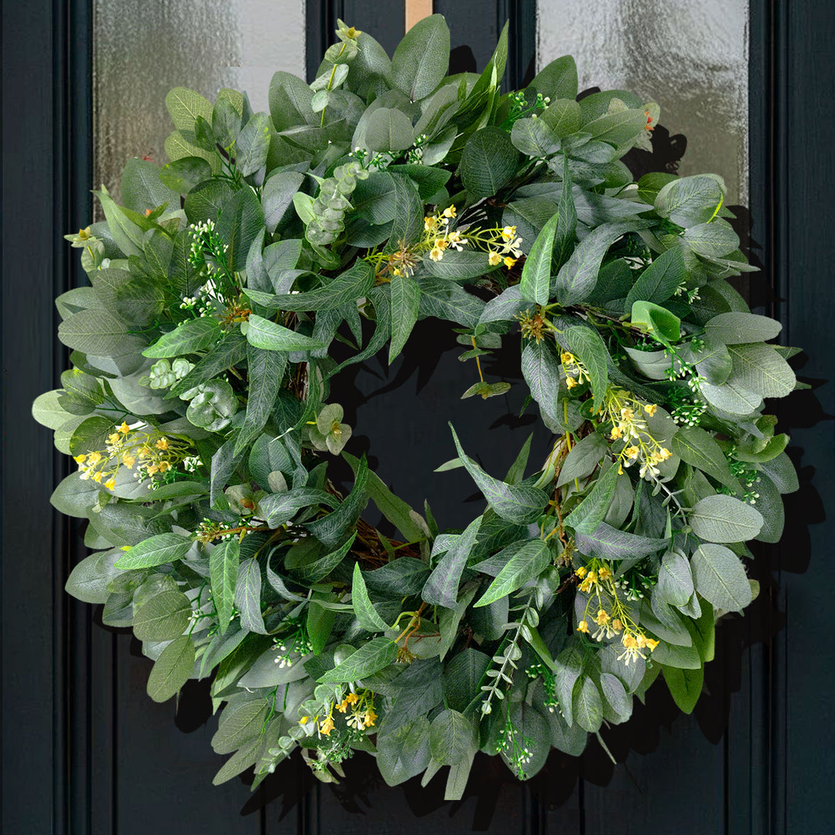 24" Eucalyptus Wreath with Yellow Blossoms