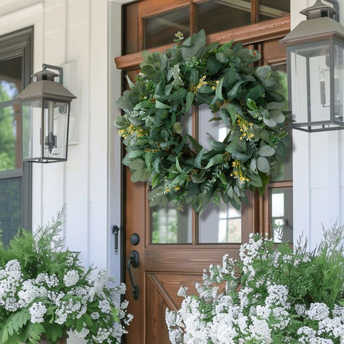 24" Eucalyptus Wreath with Yellow Blossoms
