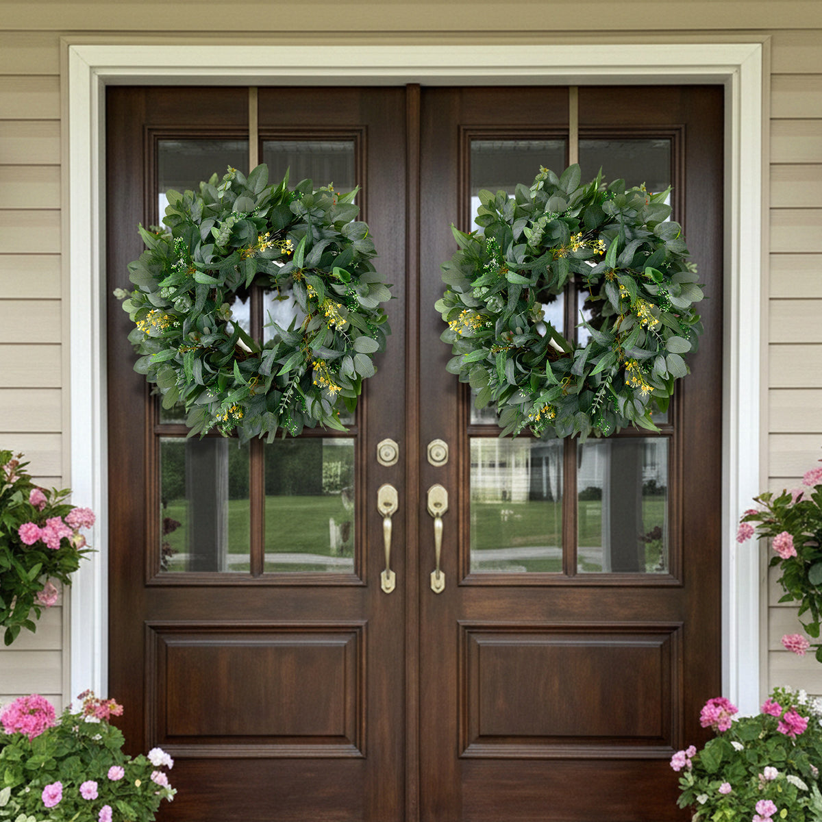 24" Eucalyptus Wreath with Yellow Blossoms