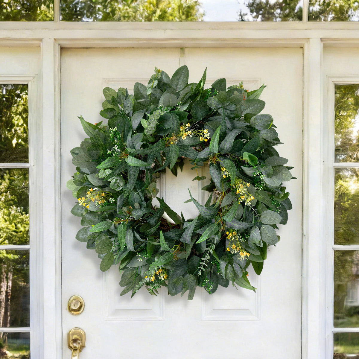 24" Eucalyptus Wreath with Yellow Blossoms