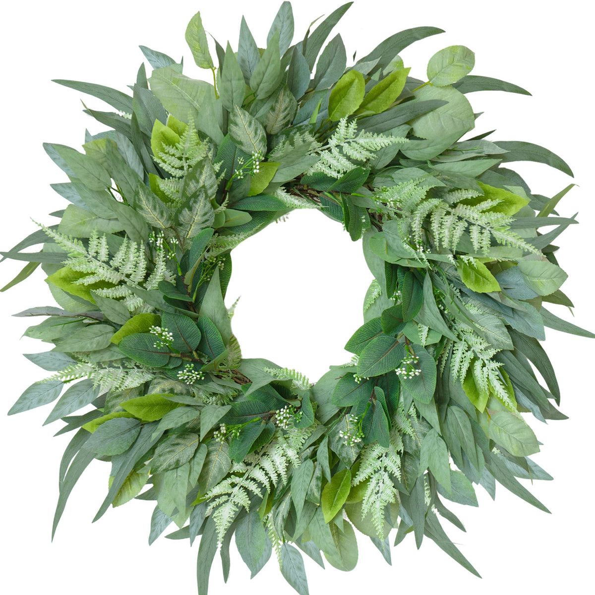 24-inch mixed greenery wreath with eucalyptus-style leaves, ferns and white buds