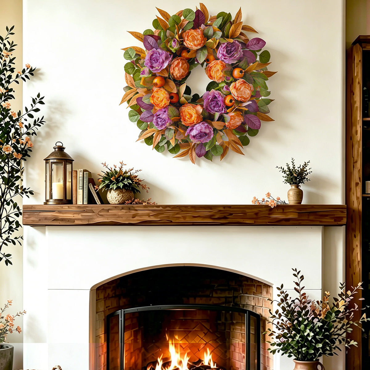 24" Fall Wreath with Purple Peonies, Maple Leaves & Berries