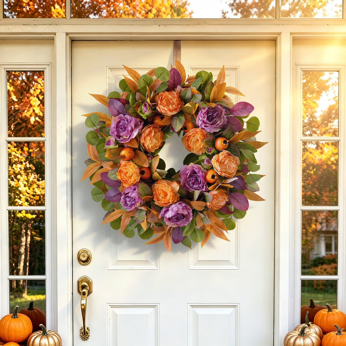 24" Fall Wreath with Purple Peonies, Maple Leaves & Berries