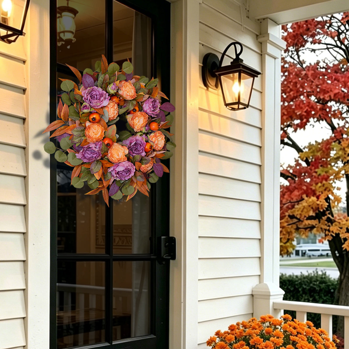 24" Fall Wreath with Purple Peonies, Maple Leaves & Berries