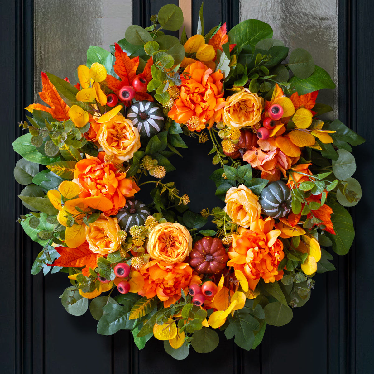 24" Fall Wreath with Peonies, Dahlias, Pumpkins & Maple Leaves