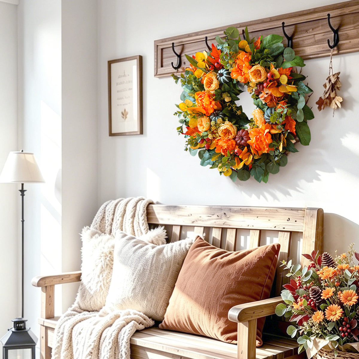 24" Fall Wreath with Peonies, Dahlias, Pumpkins & Maple Leaves