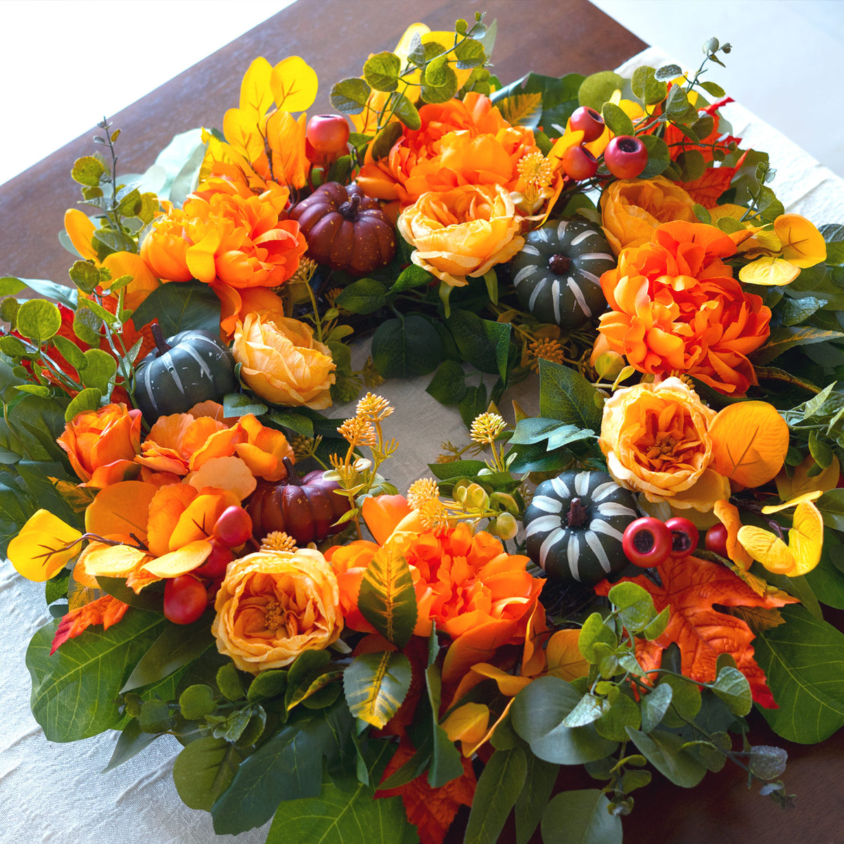 24" Fall Wreath with Peonies, Dahlias, Pumpkins & Maple Leaves