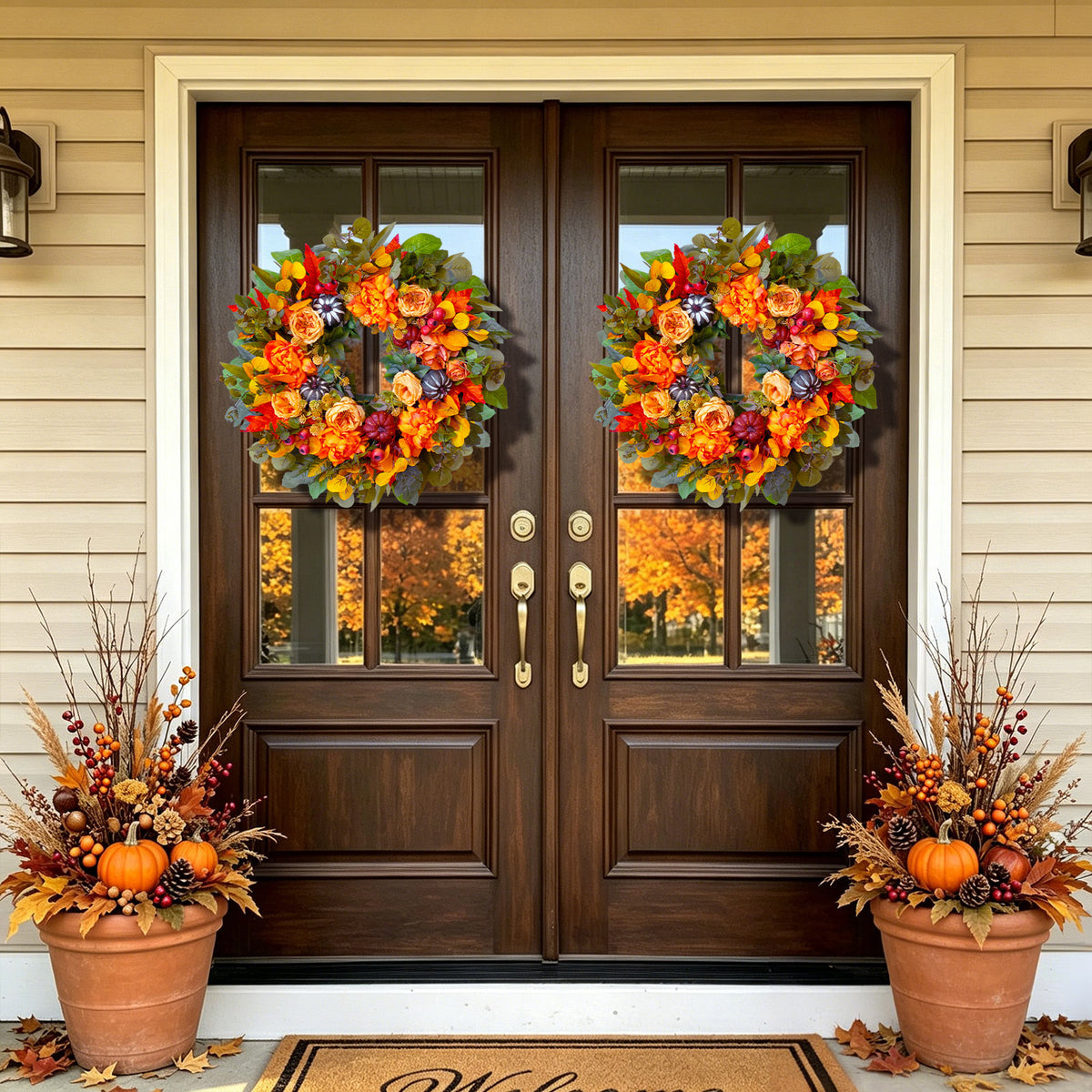 24" Fall Wreath with Peonies, Dahlias, Pumpkins & Maple Leaves