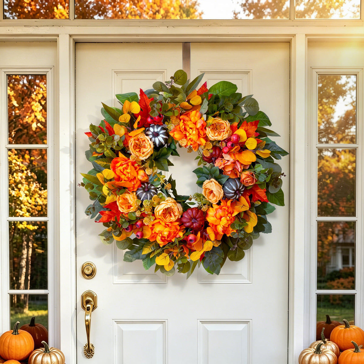 24" Fall Wreath with Peonies, Dahlias, Pumpkins & Maple Leaves