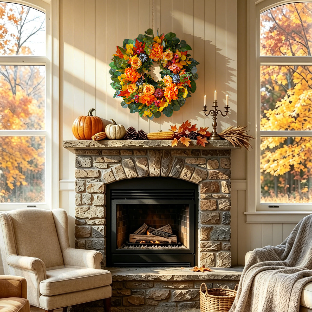24" Fall Wreath with Peonies, Dahlias, Pumpkins & Maple Leaves