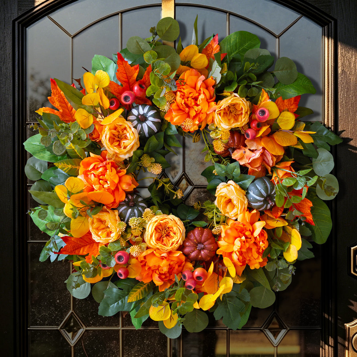 24" Fall Wreath with Peonies, Dahlias, Pumpkins & Maple Leaves