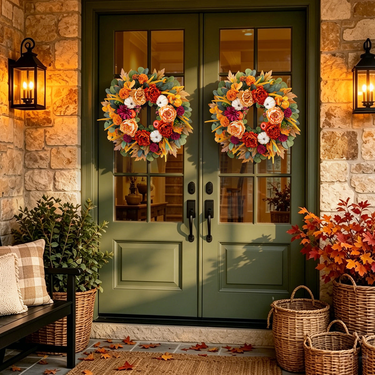24" Fall Wreath with Peonies, Dahlias, White Pumpkins & Maple Leaves