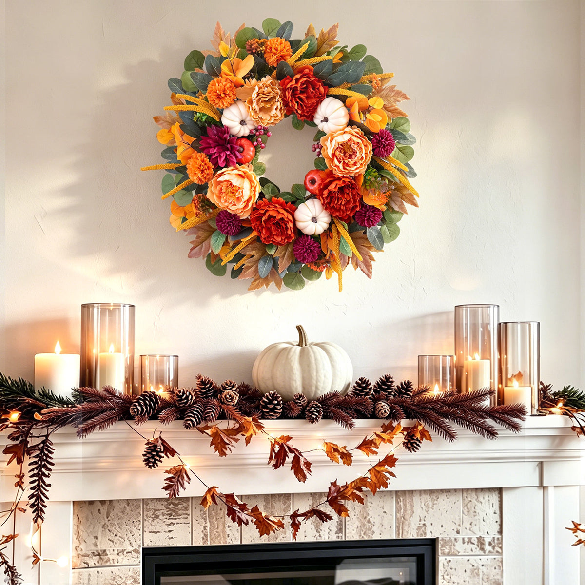 24" Fall Wreath with Peonies, Dahlias, White Pumpkins & Maple Leaves