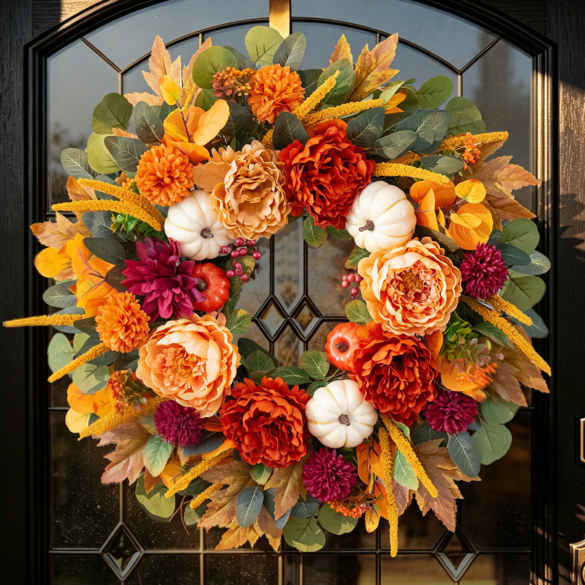 24" Fall Wreath with Peonies, Dahlias, White Pumpkins & Maple Leaves