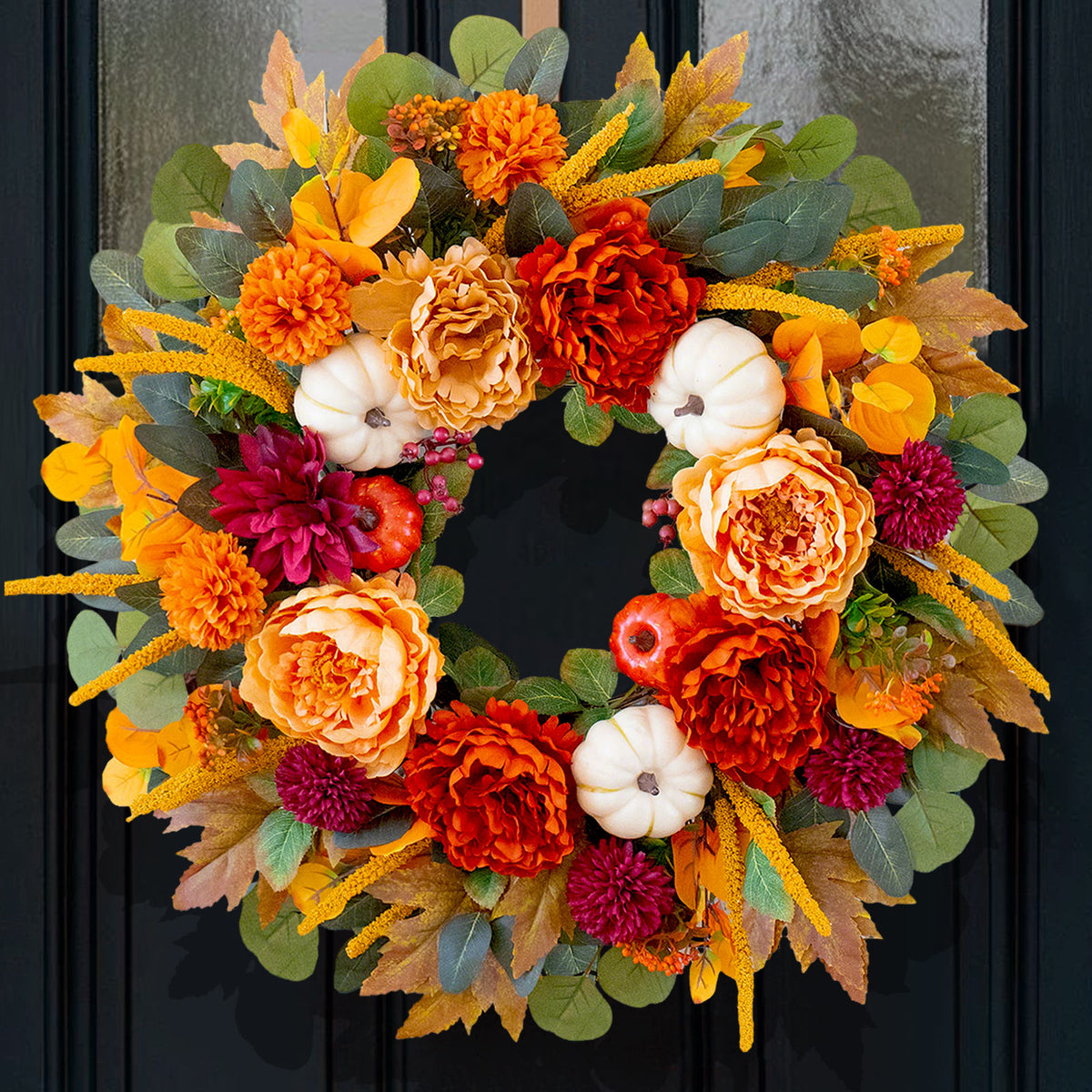 24" Fall Wreath with Peonies, Dahlias, White Pumpkins & Maple Leaves