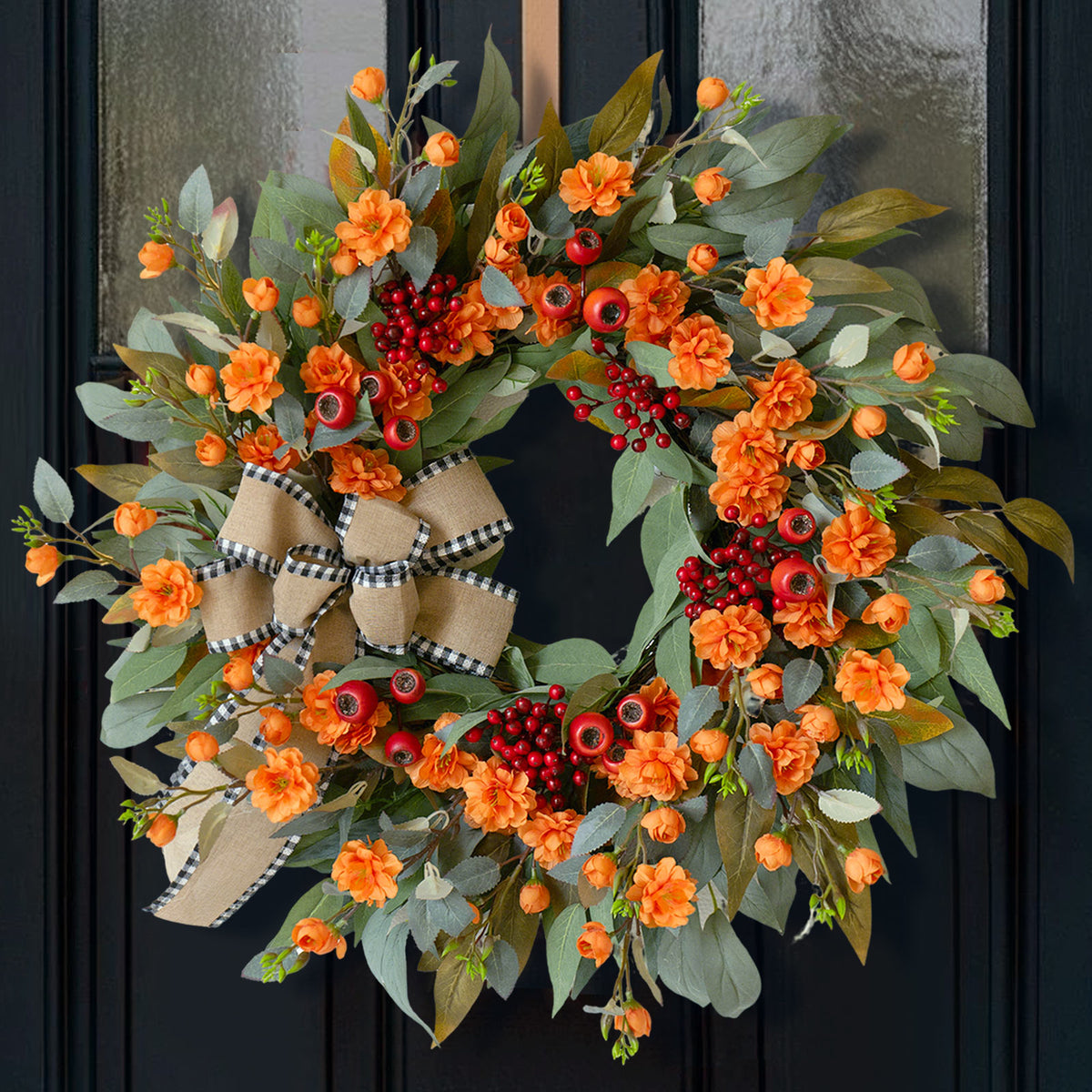 24" Red Berry Fall Wreath with Maple Leaves & Burlap Bow