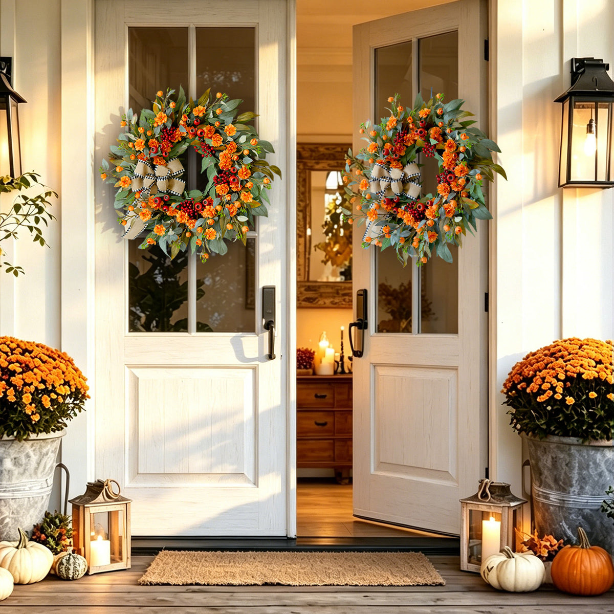 24" Red Berry Fall Wreath with Maple Leaves & Burlap Bow