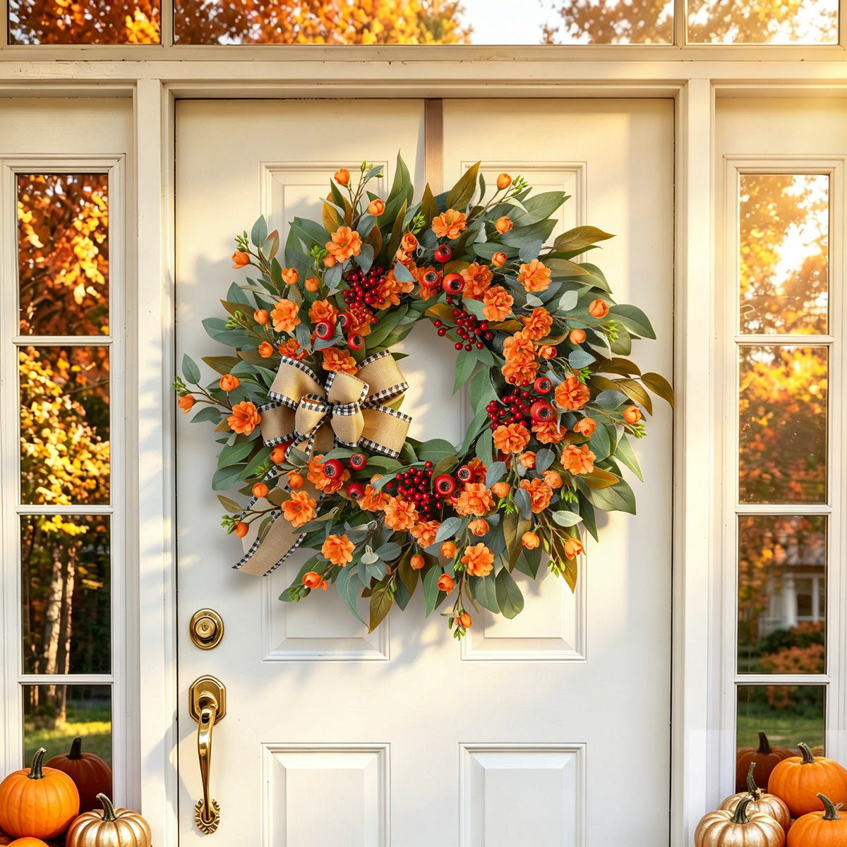 24" Red Berry Fall Wreath with Maple Leaves & Burlap Bow