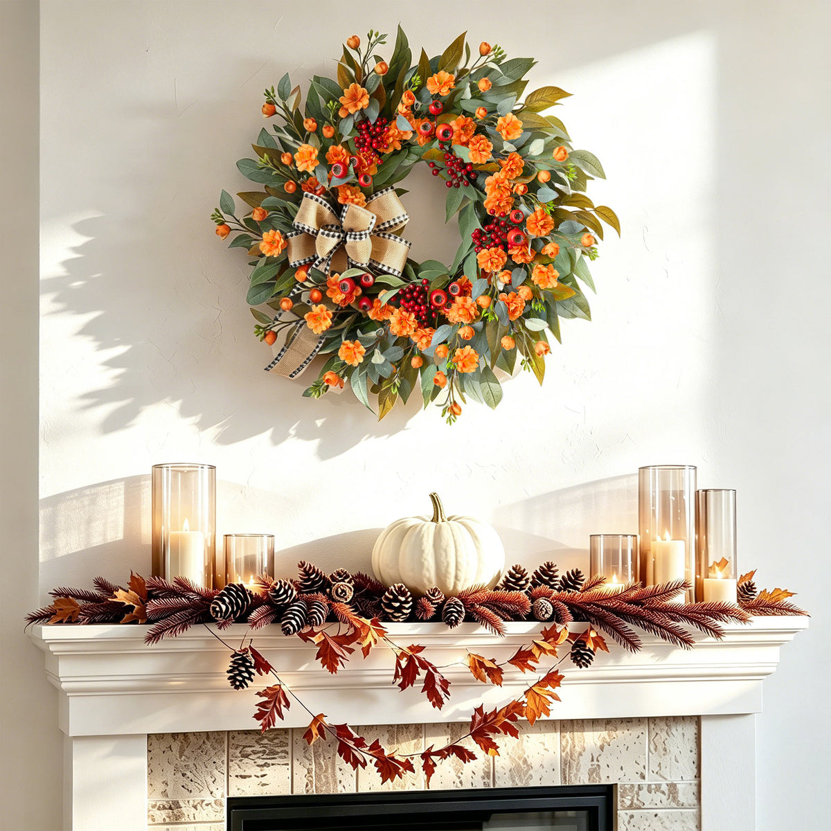 24" Red Berry Fall Wreath with Maple Leaves & Burlap Bow