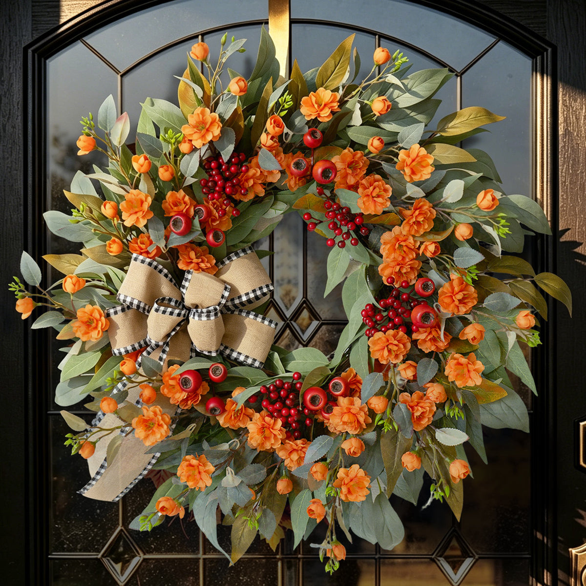 24" Red Berry Fall Wreath with Maple Leaves & Burlap Bow