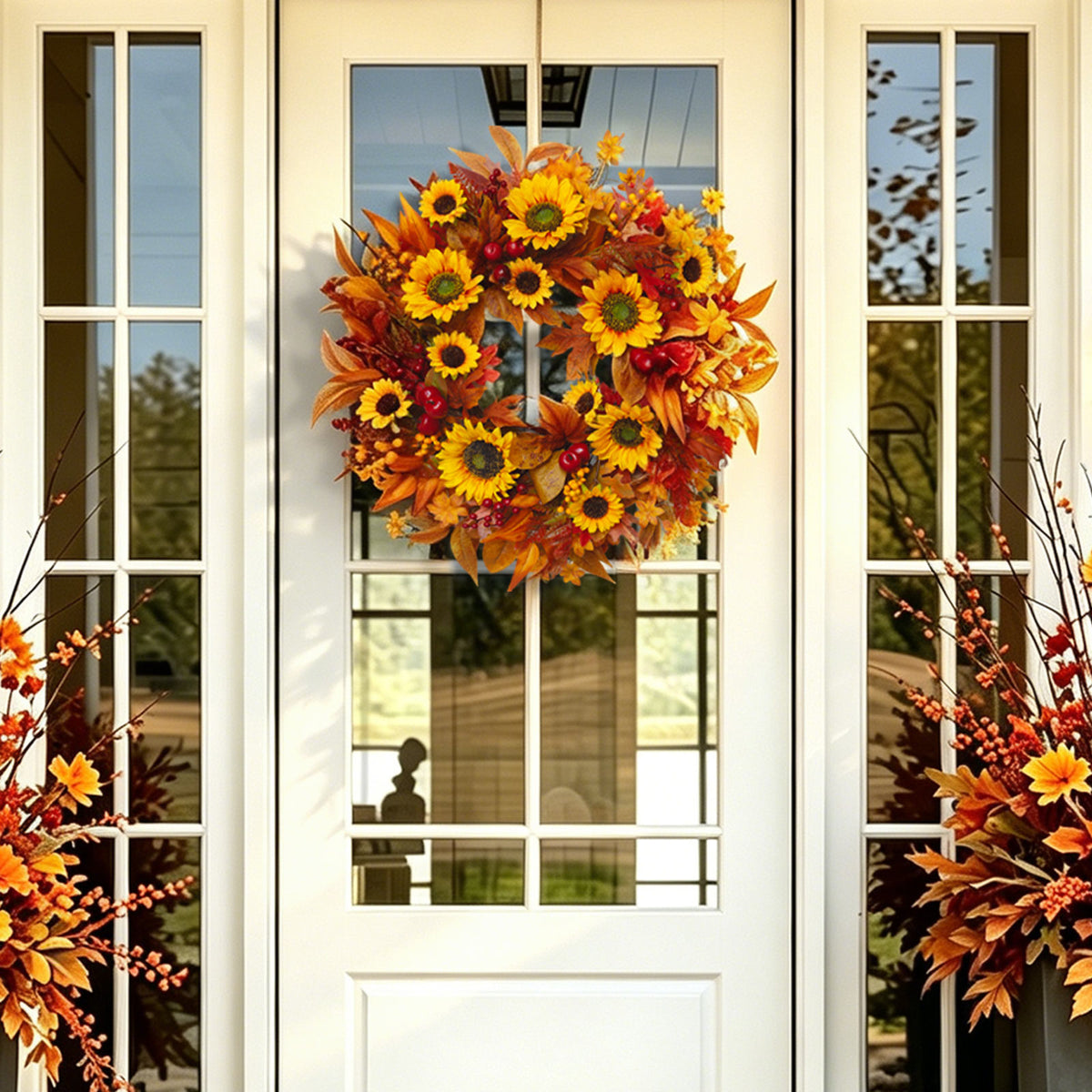 24" Sunflower Fall Wreath with Maple Leaves & Berries