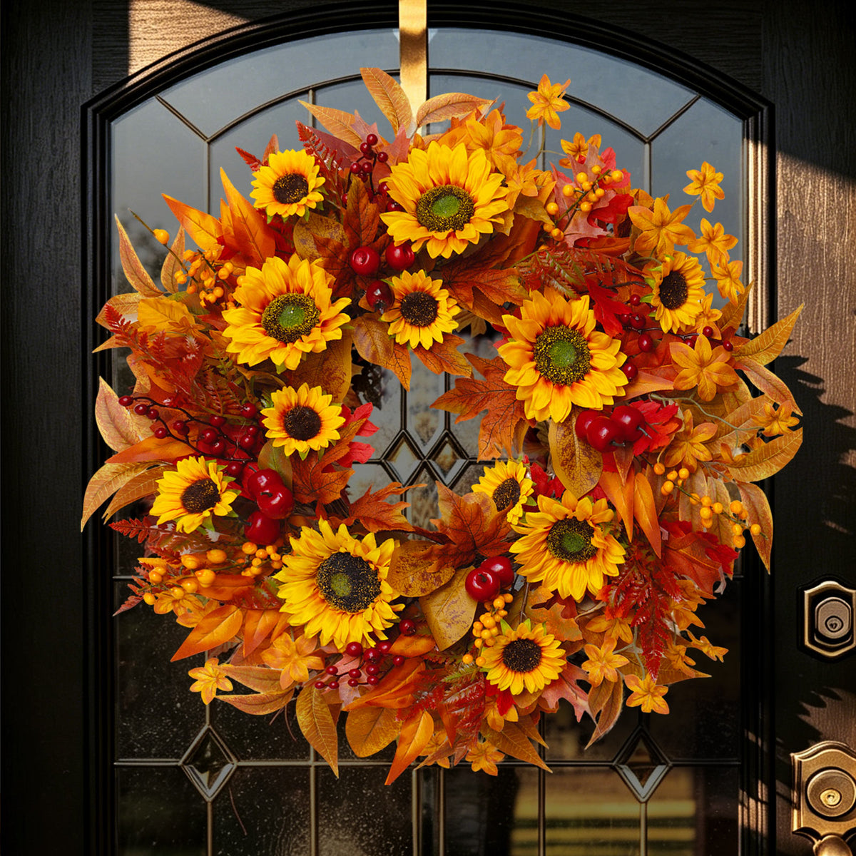 24" Sunflower Fall Wreath with Maple Leaves & Berries