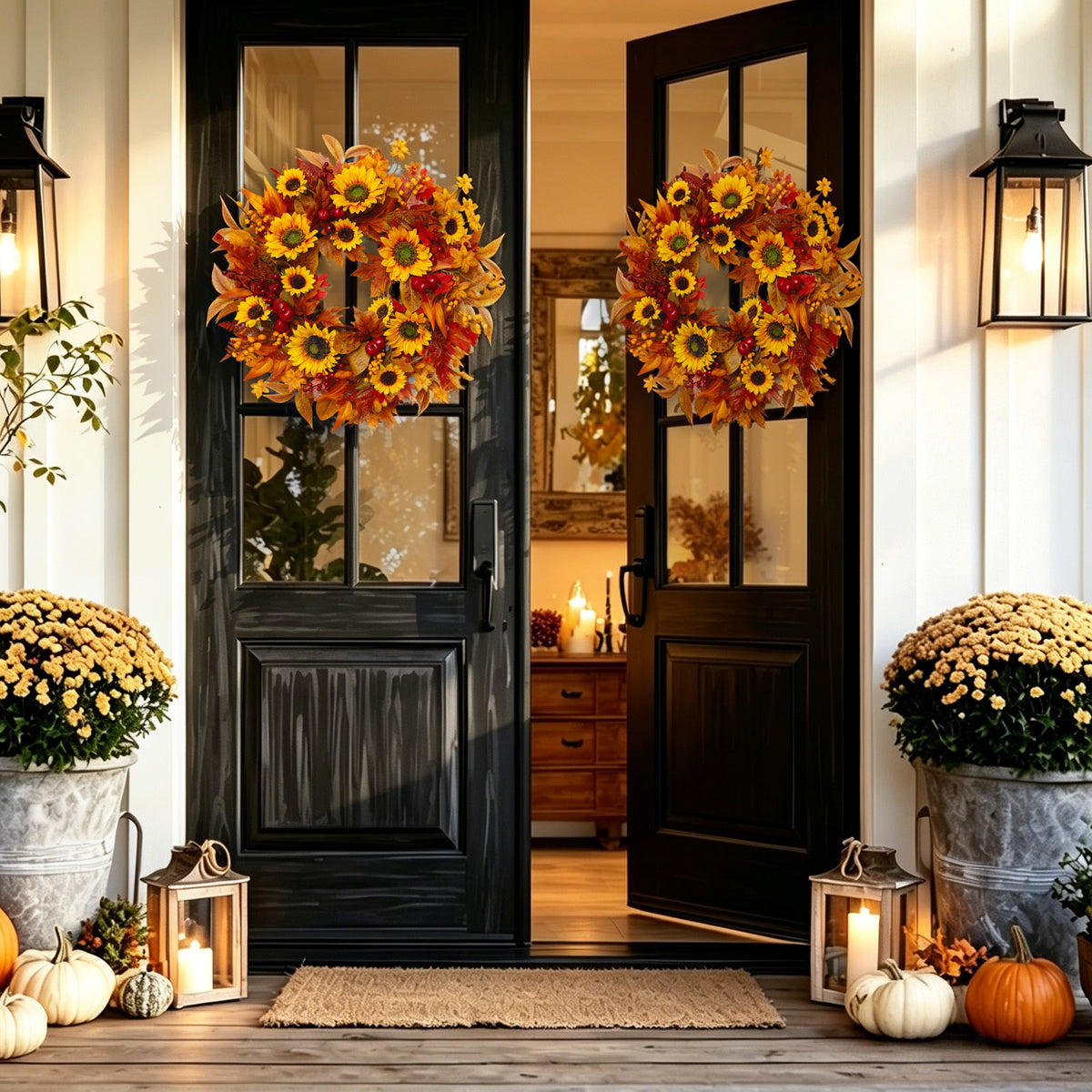 24" Sunflower Fall Wreath with Maple Leaves & Berries