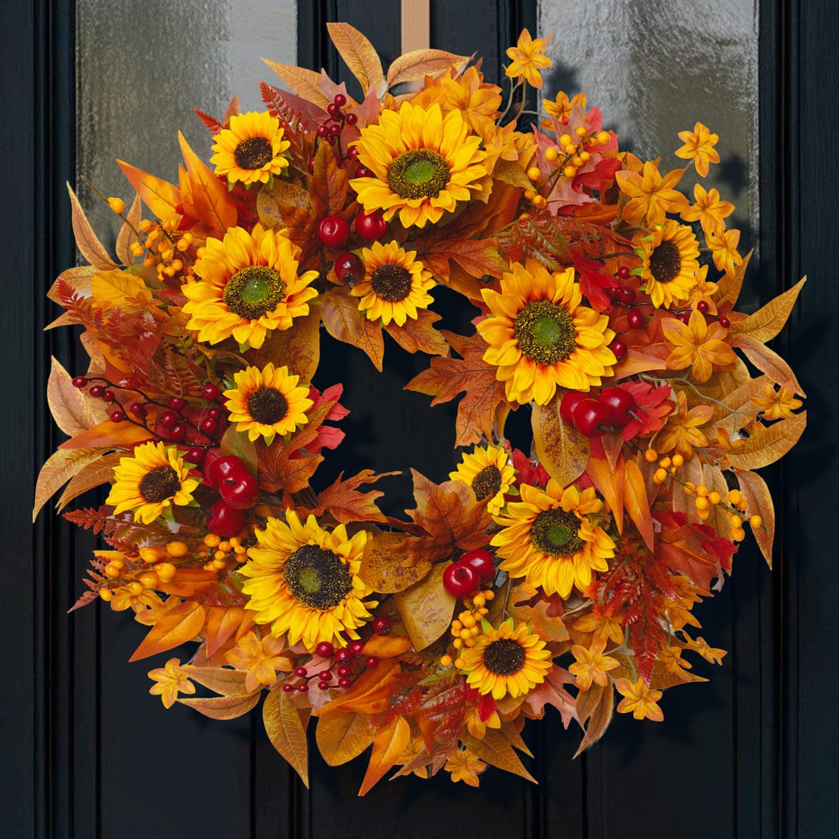 24" Sunflower Fall Wreath with Maple Leaves & Berries