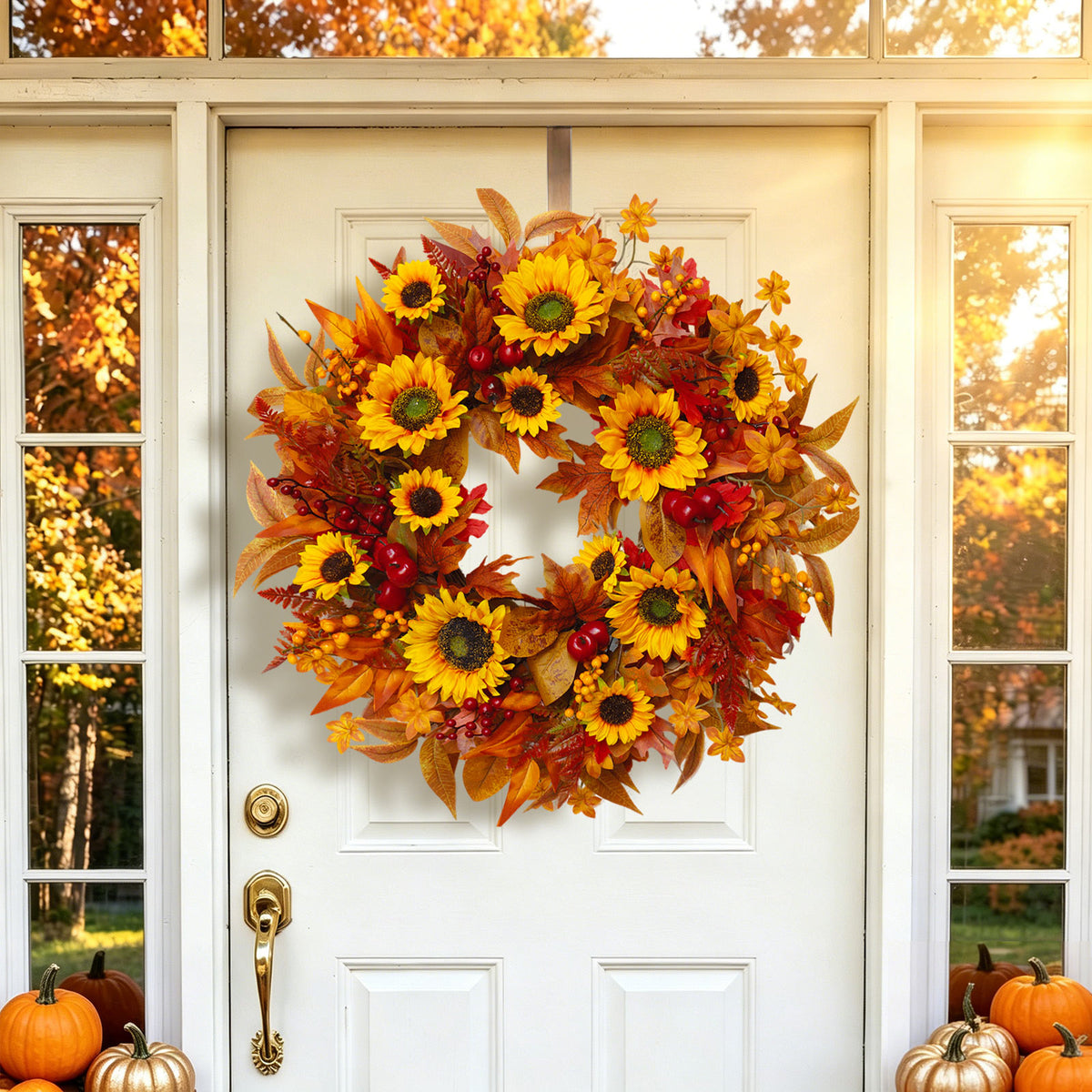 24" Sunflower Fall Wreath with Maple Leaves & Berries
