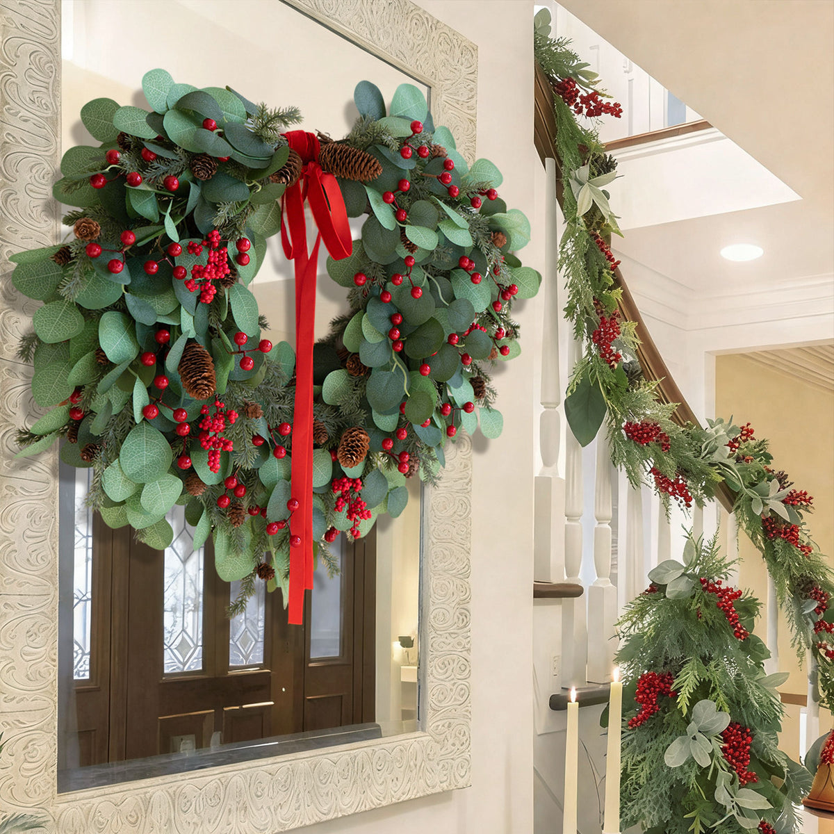24" Christmas Wreath with Red Berries, Pinecones & Lights