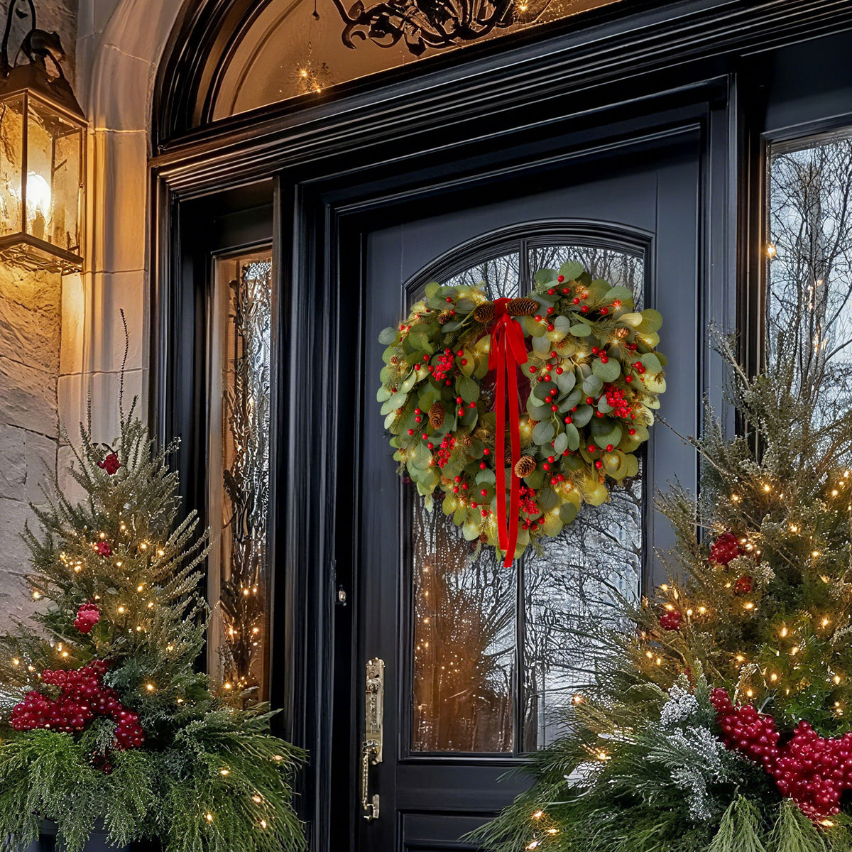 24" Christmas Wreath with Red Berries, Pinecones & Lights
