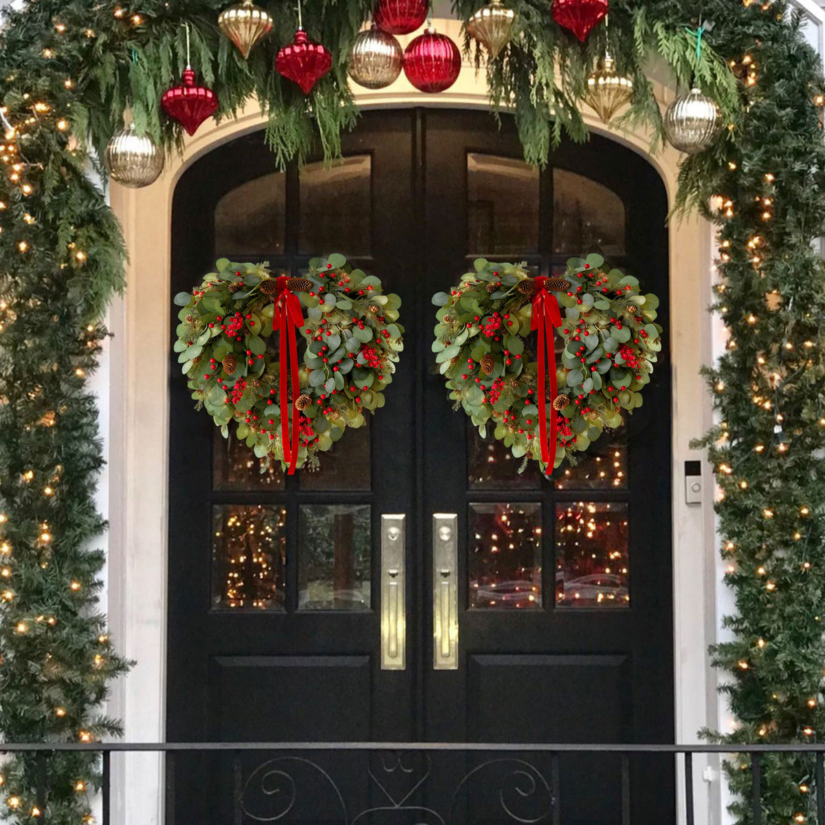 24" Christmas Wreath with Red Berries, Pinecones & Lights