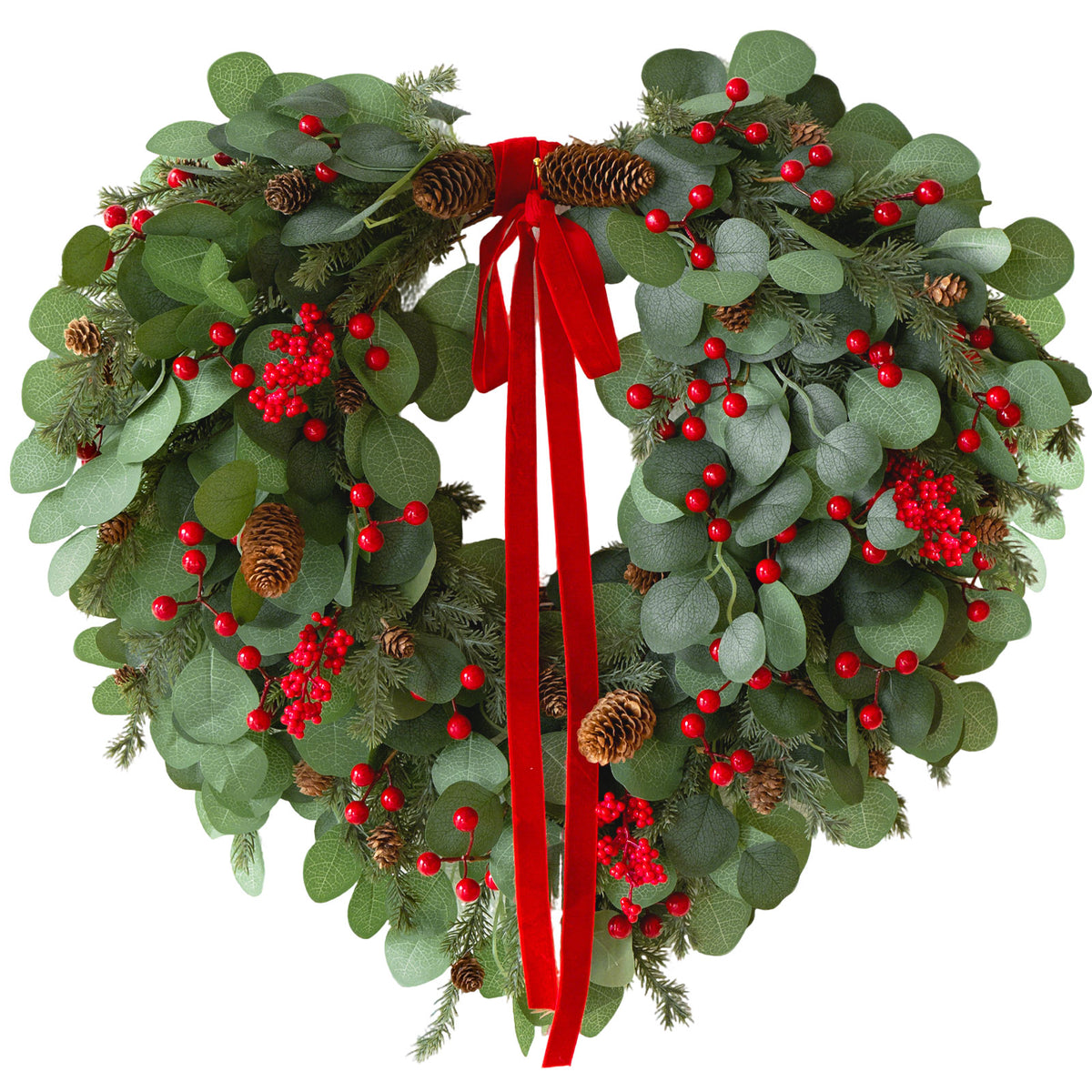 24-inch lighted Christmas wreath with red berries, pinecones and a red bow