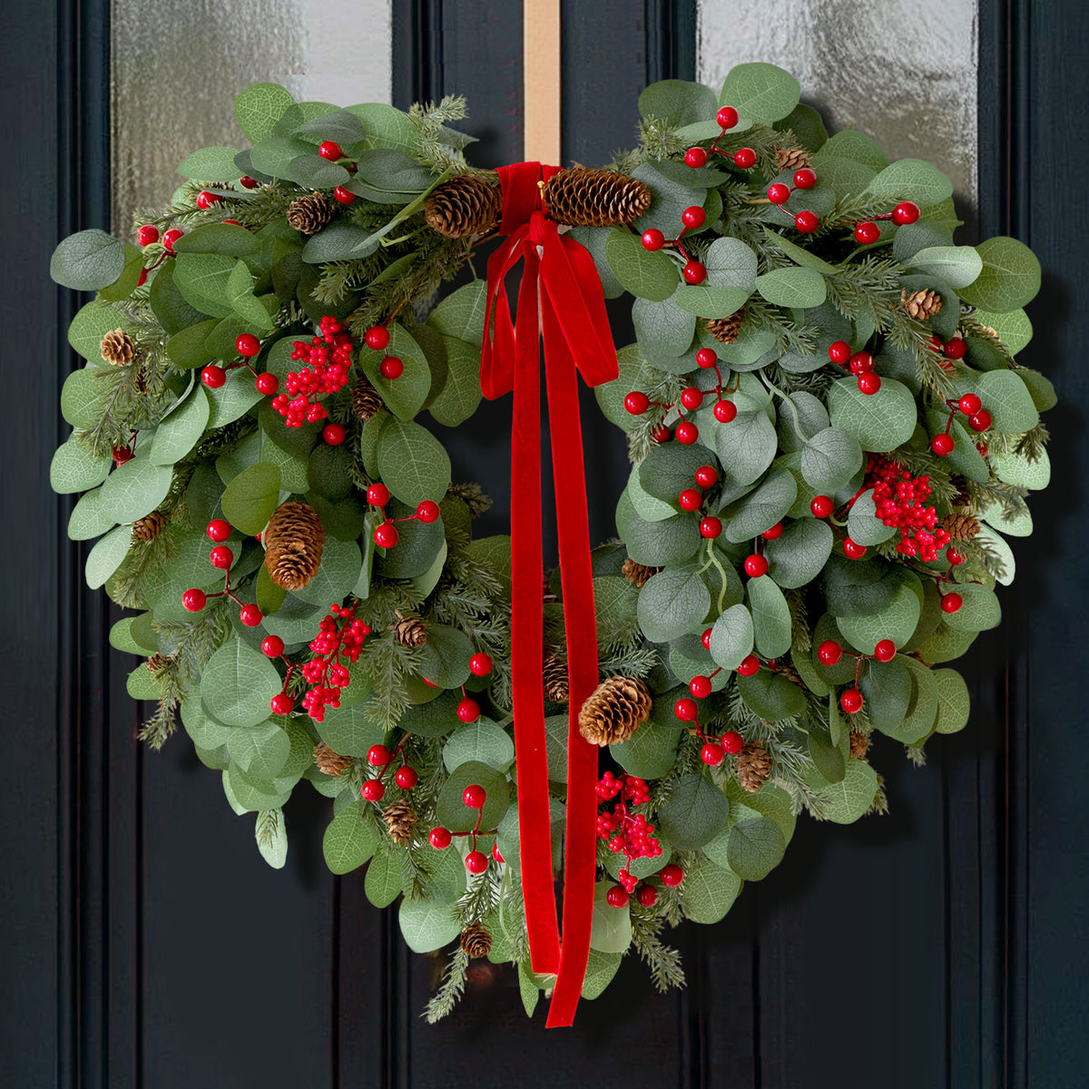 24" Christmas Wreath with Red Berries, Pinecones & Lights
