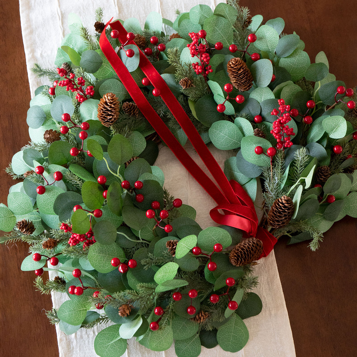 24" Christmas Wreath with Red Berries, Pinecones & Lights